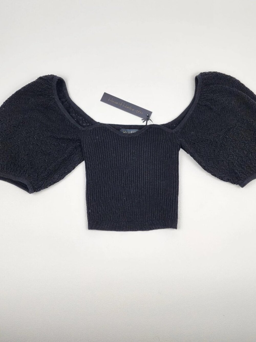 House of Harlow 1960 Puff Sleeve Crop Sweater XS Black NWT